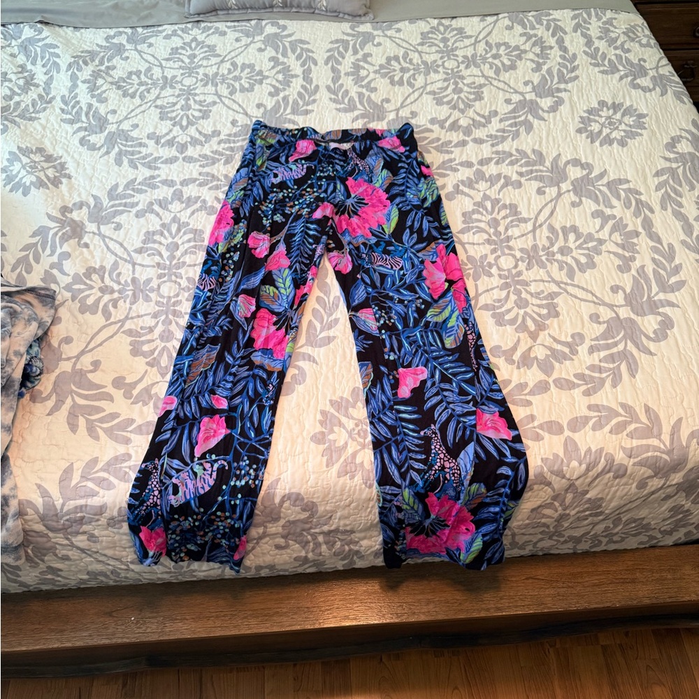 Floral Print Pants with Pink and Blue Accents